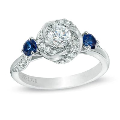 Vera Wang Love Collection 5/8 CT. T.w. Diamond and Blue Sapphire Swirl Engagement Ring in 14K White Gold