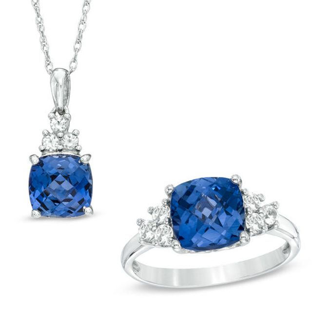 8.0mm Cushion-Cut Lab-Created Blue and White Sapphire Pendant and Ring Set in Sterling Silver - Size 7