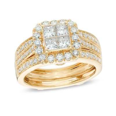 1-1/2 CT. T.w. Quad Princess-Cut Diamond Frame Bridal Set in 14K Gold