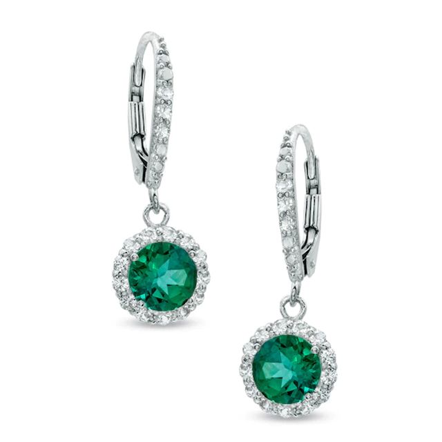 6.0mm Lab-Created Emerald and White Sapphire Frame Drop Earrings in Sterling Silver