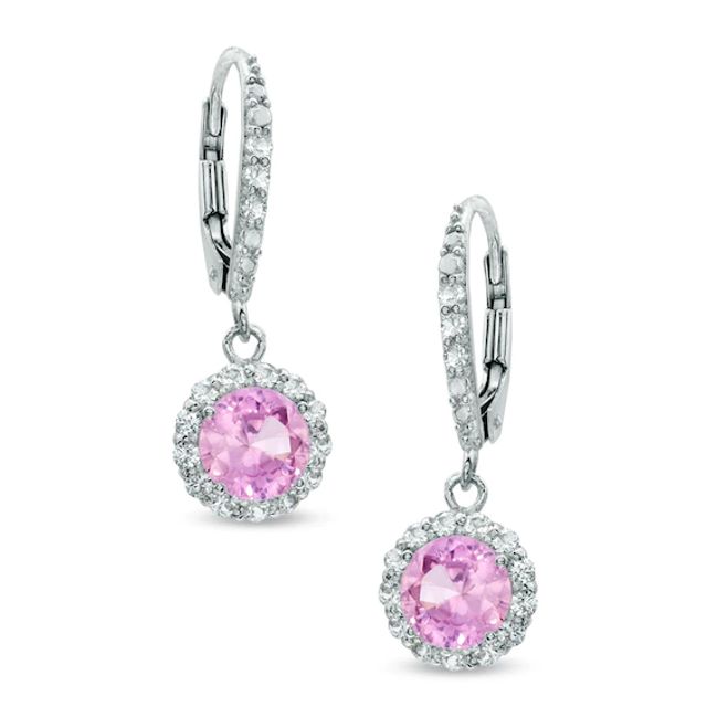 6.0mm Lab-Created Pink and White Sapphire Frame Drop Earrings in Sterling Silver