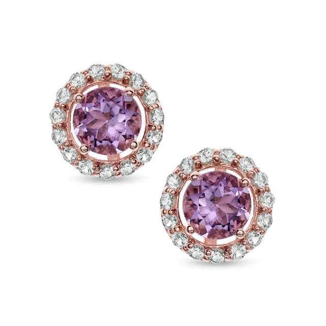 6.0mm Amethyst and Lab-Created White Sapphire PavÃ© Frame Stud Earrings in Sterling Silver with 14K Rose Gold Plate