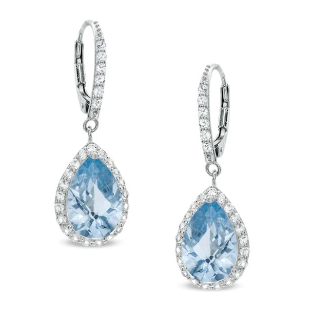 Pear-Shaped Simulated Aquamarine and Lab-Created White Sapphire Frame Drop Earrings in Sterling Silver