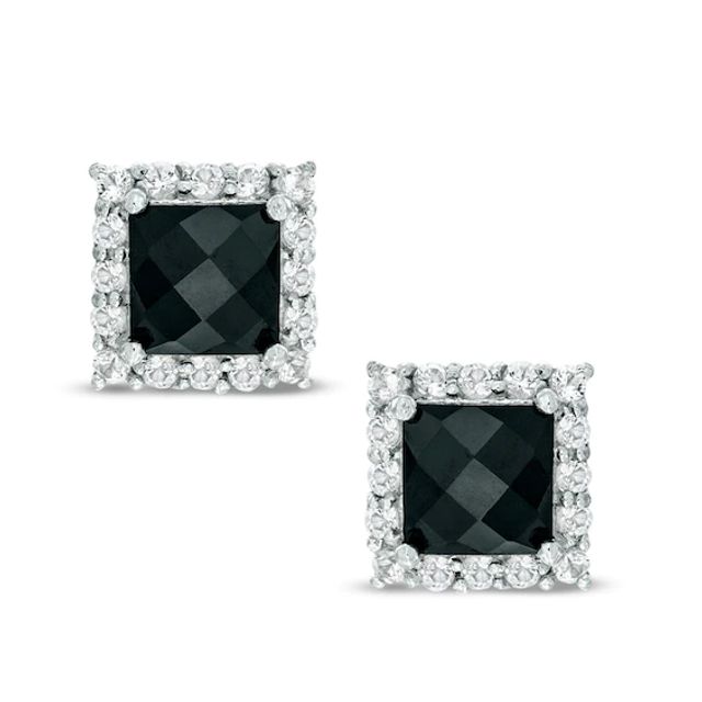 6.0mm Princess-Cut Onyx and Lab-Created White Sapphire Frame Stud Earrings in Sterling Silver