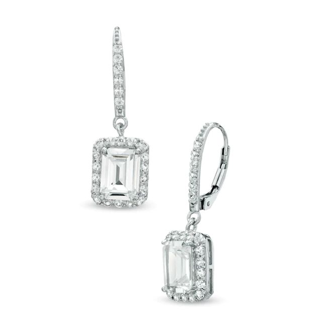 Emerald-Cut Lab-Created White Sapphire Frame Drop Earrings in Sterling Silver