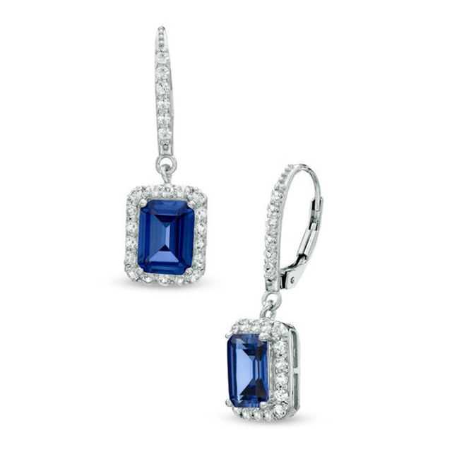 Emerald-Cut Lab-Created Blue and White Sapphire Frame Drop Earrings in Sterling Silver