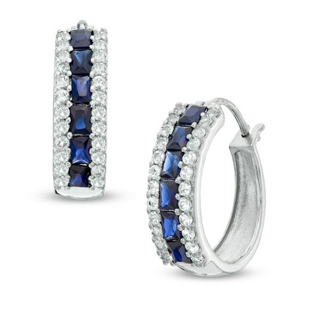 Emerald-Cut Lab-Created Blue and White Sapphire Hoop Earrings in Sterling Silver