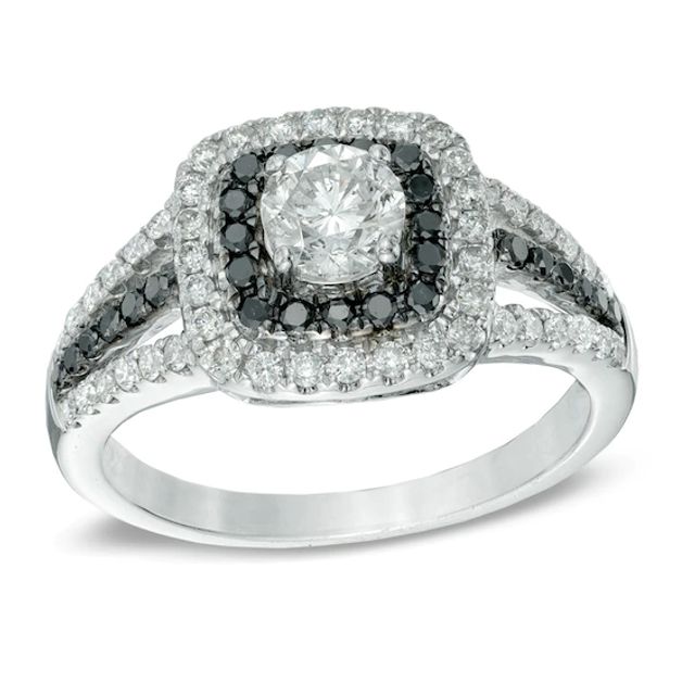 1 CT. T.w. Enhanced Black and White Diamond Double Frame Engagement Ring in 14K White Gold