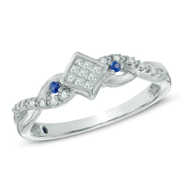 Cherished Promise Collectionâ¢ 1/10 CT. T.w. Diamond and Blue Sapphire Twist Promise Ring in 10K White Gold