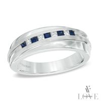 Vera Wang Love Collection Men's Square-Cut Blue Sapphire and 1/6 CT. T.w. Diamond Slant Band in 14K White Gold