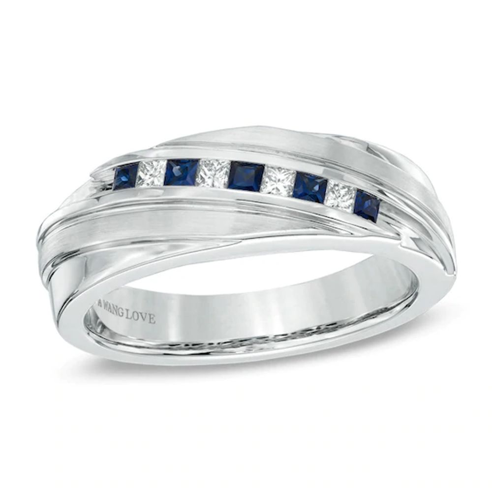 Vera Wang Love Collection Men's Square-Cut Blue Sapphire and 1/6 CT. T.w. Diamond Slant Band in 14K White Gold