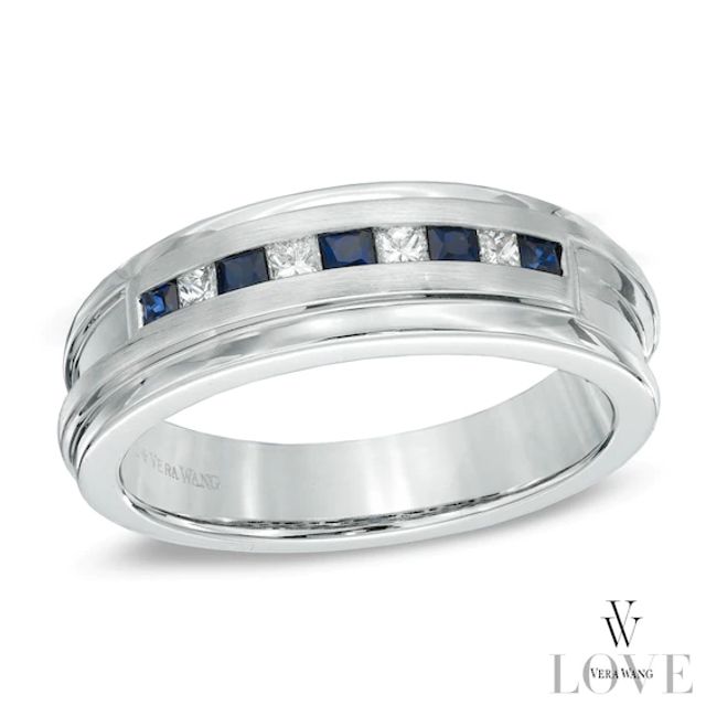 Vera Wang Love Collection Men's Square-Cut Blue Sapphire and 1/5 CT. T.w. Diamond Band in 14K White Gold