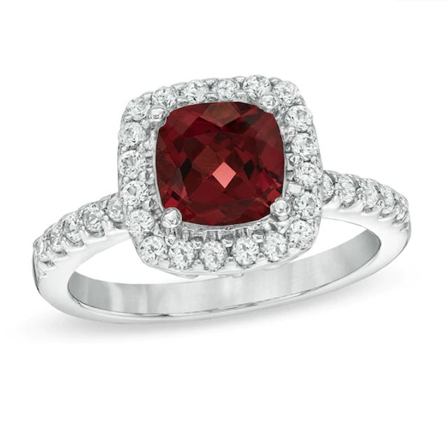 7.0mm Cushion-Cut Garnet and Lab-Created White Sapphire Frame Ring in Sterling Silver