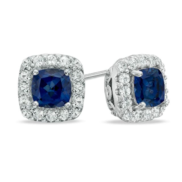 5.0mm Cushion-Cut Lab-Created Blue and White Sapphire Frame Stud Earrings in Sterling Silver