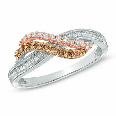 1/3 CT. T.w. Champagne and White Diamond Bypass Waves Ring in 10K Two-Tone Gold