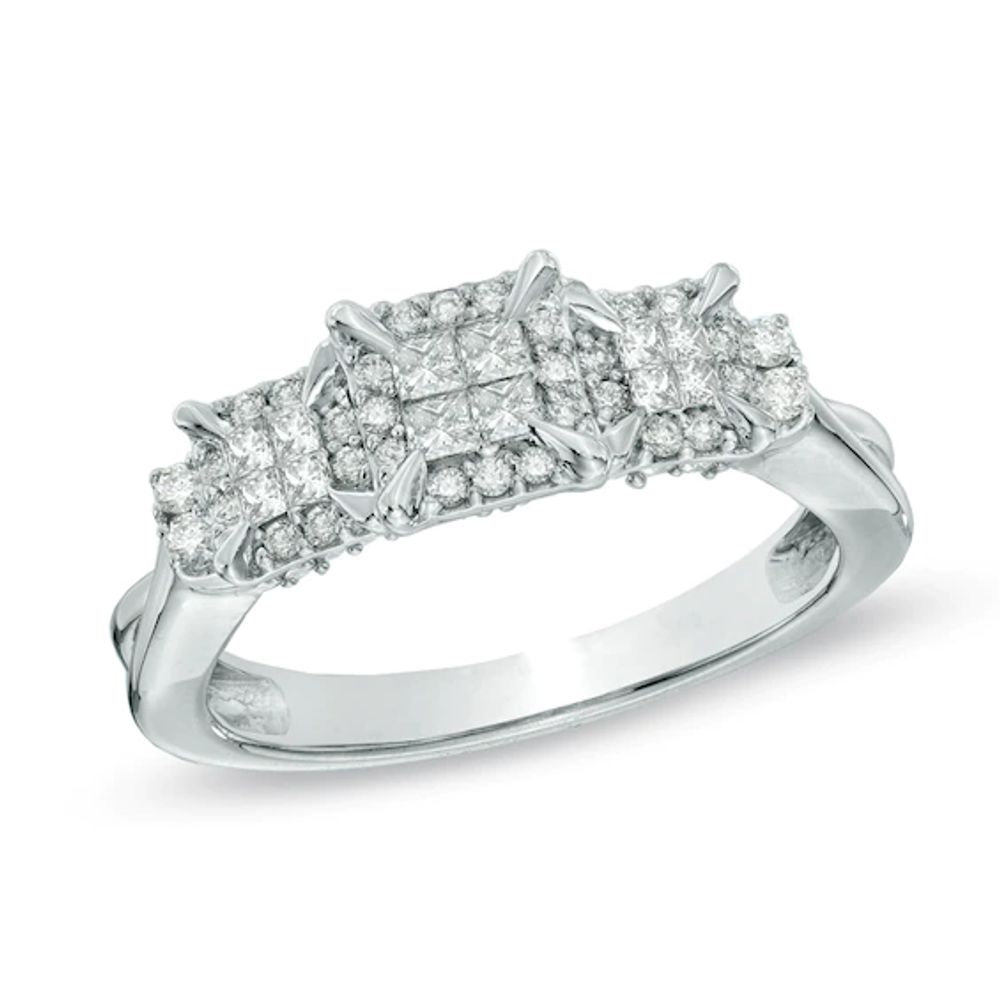 1/2 CT. T.w. Princess-Cut Quad Diamond Frame Three Stone Engagement Ring in 10K White Gold