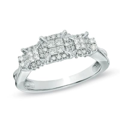 1/2 CT. T.w. Princess-Cut Quad Diamond Frame Three Stone Engagement Ring in 10K White Gold