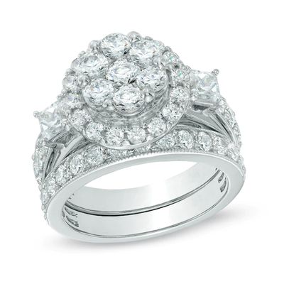 3 CT. T.w. Diamond Cluster Frame Bridal Set in 14K White Gold