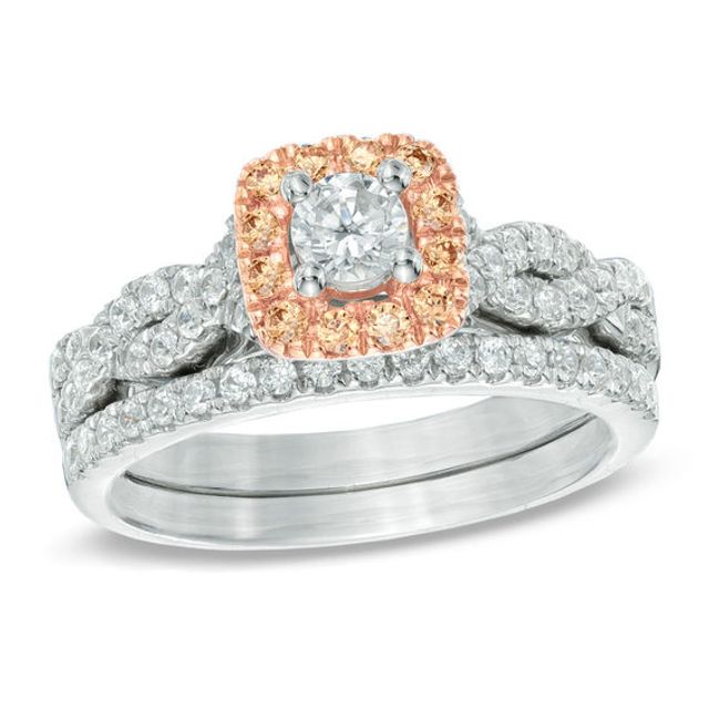 7/8 CT. T.w. Champagne and White Diamond Frame Bridal Set in 14K Two-Tone Gold