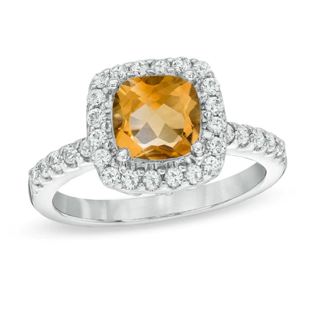 7.0mm Cushion-Cut Citrine and Lab-Created White Sapphire Frame Ring in Sterling Silver