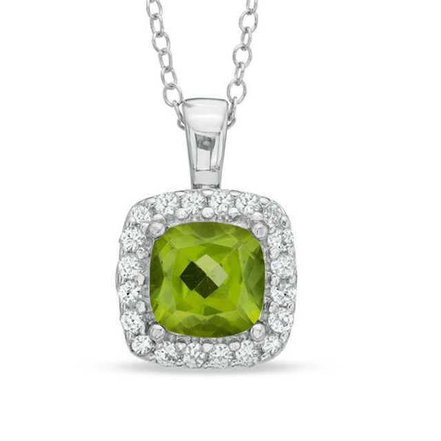 7.0mm Cushion-Cut Peridot and Lab-Created White Sapphire Frame Pendant in Sterling Silver