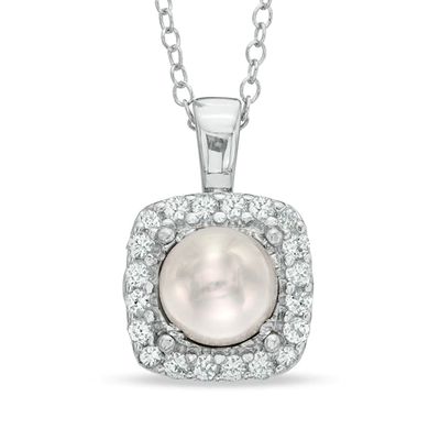 6.5-7.0mm Freshwater Cultured Pearl and Lab-Created White Sapphire Frame Pendant in Sterling Silver