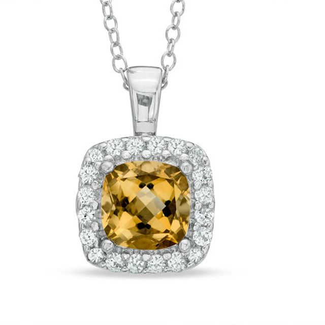 7.0mm Cushion-Cut Citrine and Lab-Created White Sapphire Frame Pendant in Sterling Silver