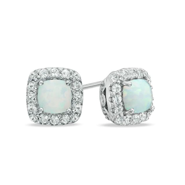 5.0mm Cushion-Cut Lab-Created Opal and White Sapphire Frame Stud Earrings in Sterling Silver