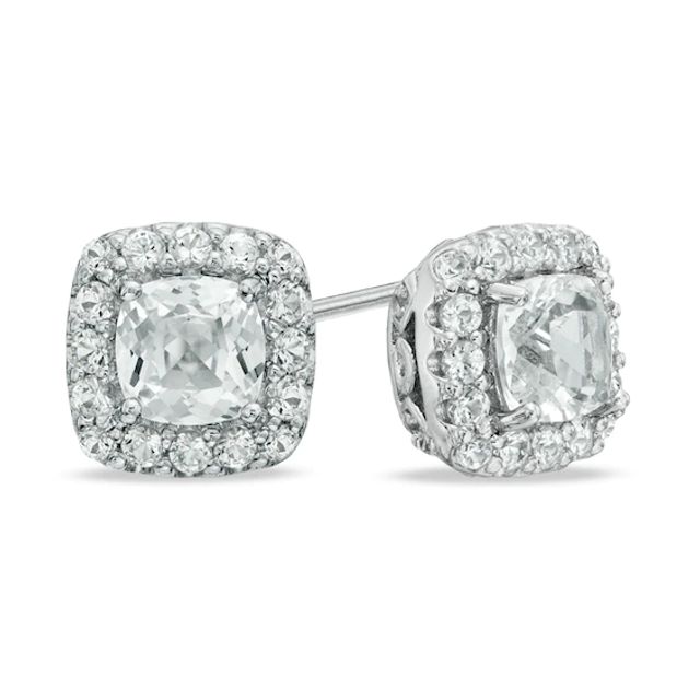 5.0mm Cushion-Cut Lab-Created White Sapphire Frame Stud Earrings in Sterling Silver