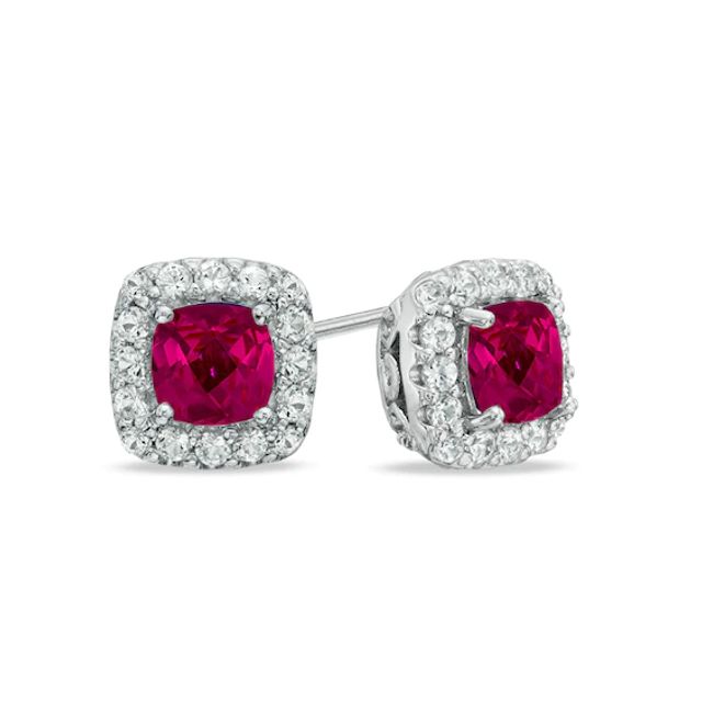 5.0mm Cushion-Cut Lab-Created Ruby and White Sapphire Frame Stud Earrings in Sterling Silver