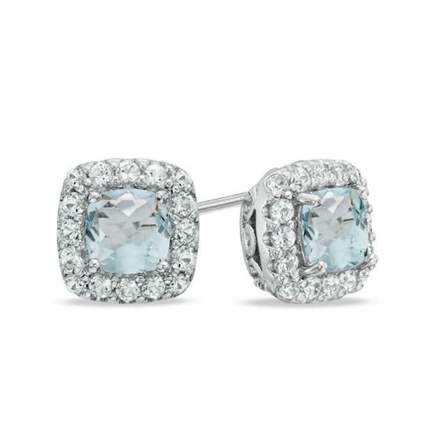 5.0mm Cushion-Cut Lab-Created Blue Spinel and White Sapphire Frame Stud Earrings in Sterling Silver