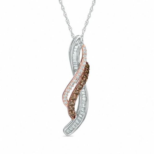 1/3 CT. T.w. Champagne and White Diamond Ribbon Pendant in 10K Two-Tone Gold
