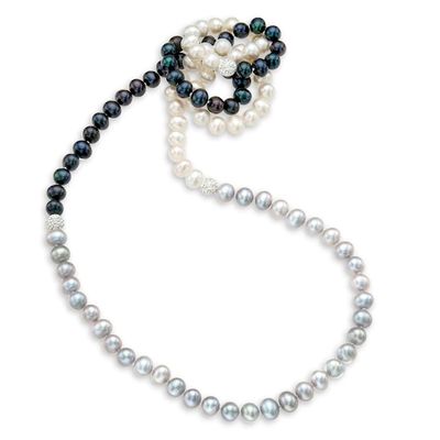 8.0-9.0mm Black, Grey and White Freshwater Cultured Pearl and Crystal Bead Strand Necklace-36"