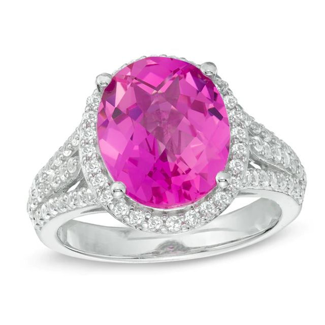 Oval Lab-Created Pink and White Sapphire Frame Ring in Sterling Silver