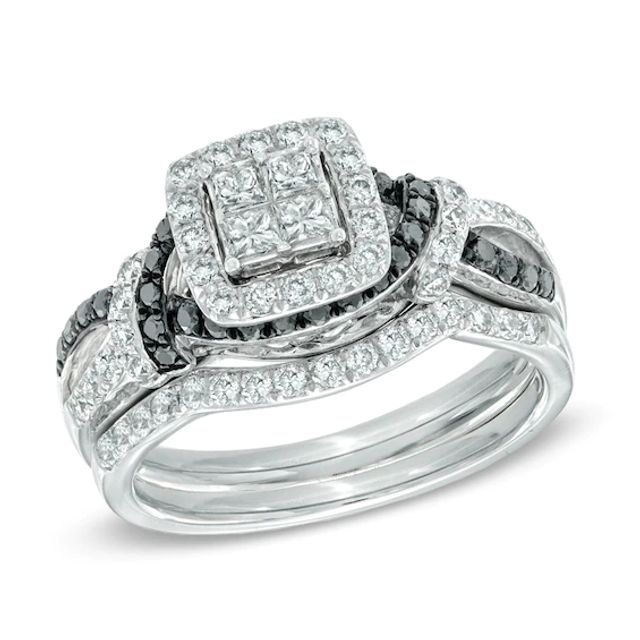 1 CT. T.w. Quad Princess-Cut Enhanced Black and White Diamond Bridal Set in 14K White Gold