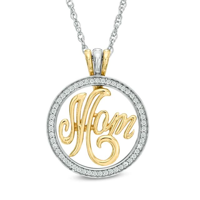 Lab-Created White Sapphire Interchangeable Mom Circle Pendant Set in Sterling Silver and 14K Gold Plate