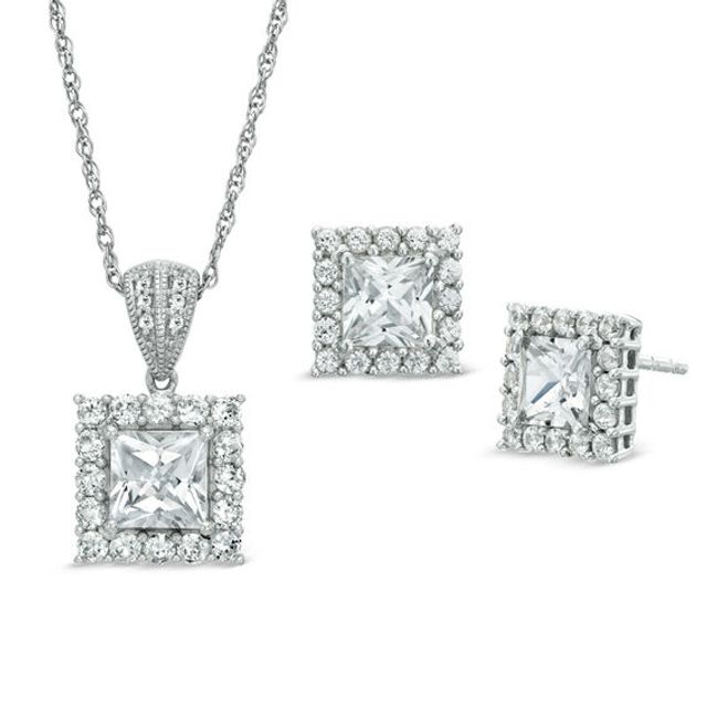 Princess-Cut Lab-Created White Sapphire Pendant and Earrings Set in Sterling Silver