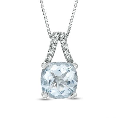 7.0mm Cushion-Cut Aquamarine and Diamond Accent Split Bale Pendant in 10K White Gold