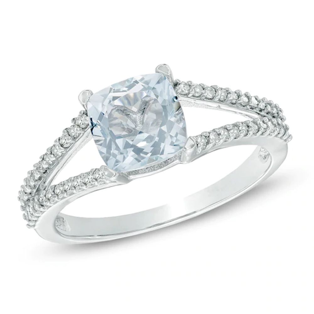7.0mm Cushion-Cut Aquamarine and 1/5 CT. T.w. Diamond Split Shank Ring in 10K White Gold