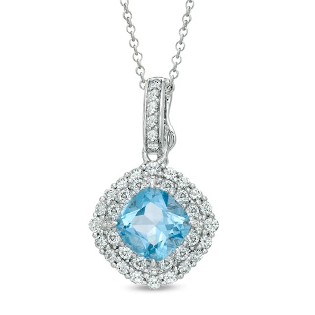 8.0mm Cushion-Cut Swiss Blue Topaz and Lab-Created White Sapphire Frame Pendant in Sterling Silver