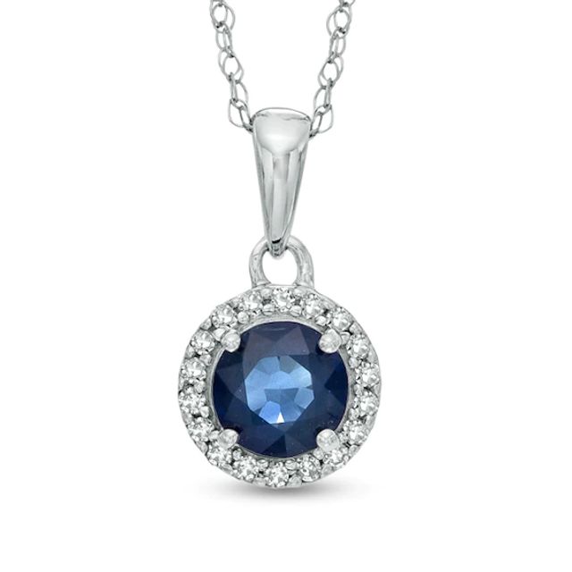 5.0mm Blue Sapphire and Diamond Accent Frame Pendant in 14K White Gold