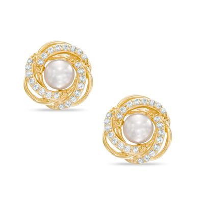 3.5-4.0mm Freshwater Cultured Pearl and Lab-Created White Sapphire Love Knot Swirl Stud Earrings in 10K Gold