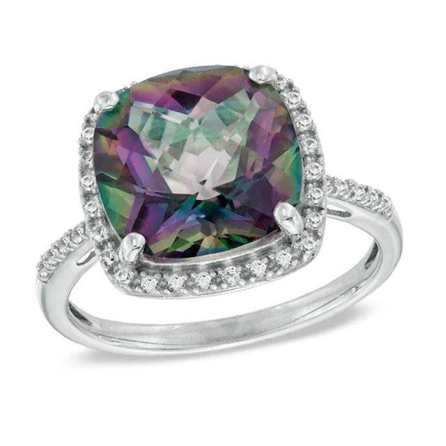 11.0mm Cushion-Cut Mystic FireÂ® Topaz and Lab-Created White Sapphire Frame Ring in Sterling Silver