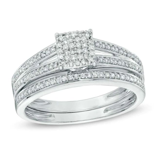 1/3 CT. T.w. Cushion Multi-Diamond Bridal Set in 10K White Gold