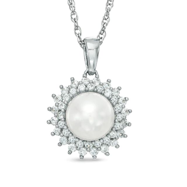 7.5-8.0mm Freshwater Cultured Pearl and Lab-Created White Sapphire Pendant in Sterling Silver