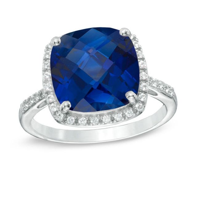 11.0mm Cushion-Cut Lab-Created Blue and White Sapphire Thin Frame Ring in Sterling Silver