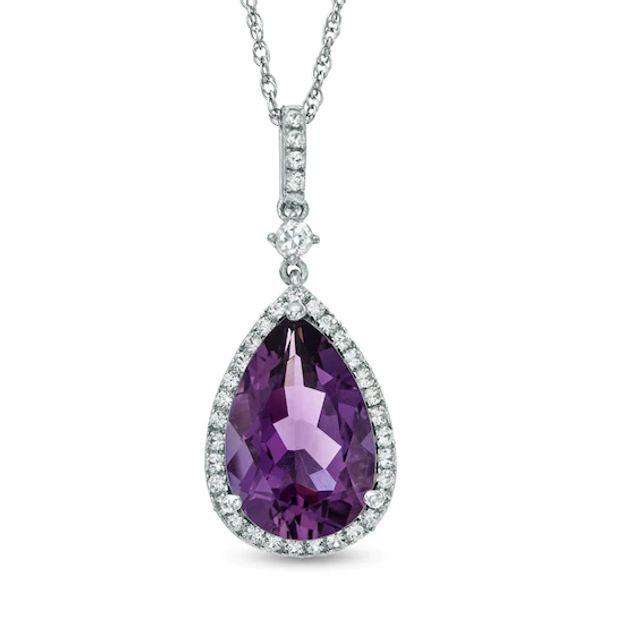 Pear-Shaped Amethyst and Lab-Created White Sapphire Frame Pendant in Sterling Silver