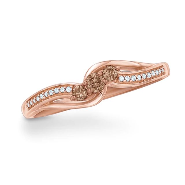 1/5 CT. T.w. Champagne and White Diamond Three Stone Promise Ring in 10K Rose Gold