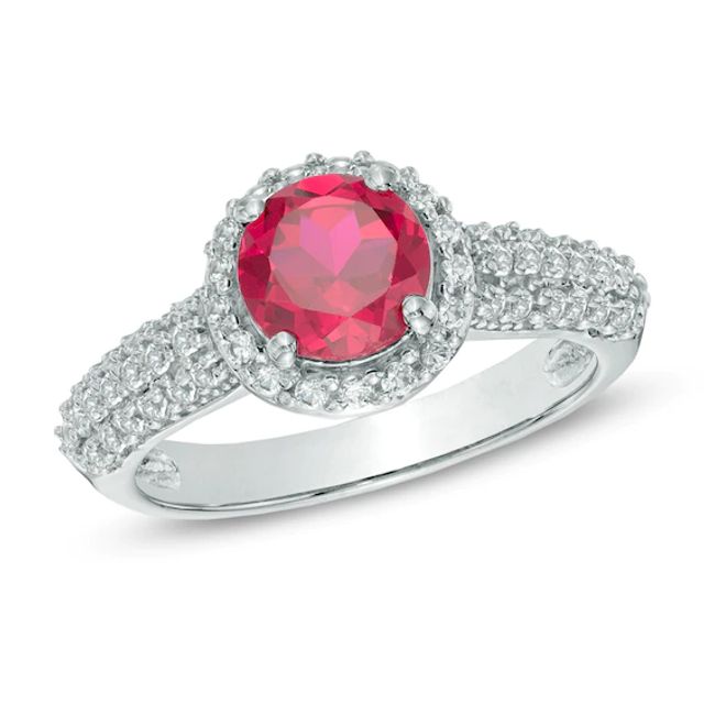 7.0mm Lab-Created Ruby and White Sapphire Vintage-Style Frame Ring in 10K White Gold