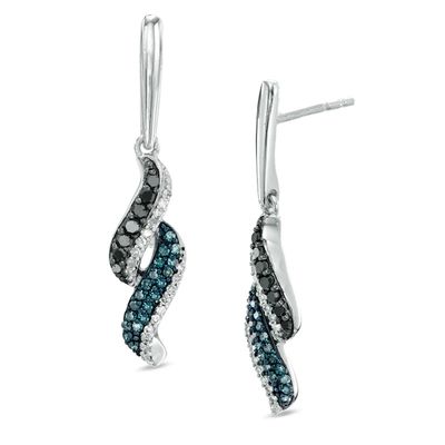 1/3 CT. T.w. Enhanced Black, Blue and White Diamond Double Wave Drop Earrings in Sterling Silver
